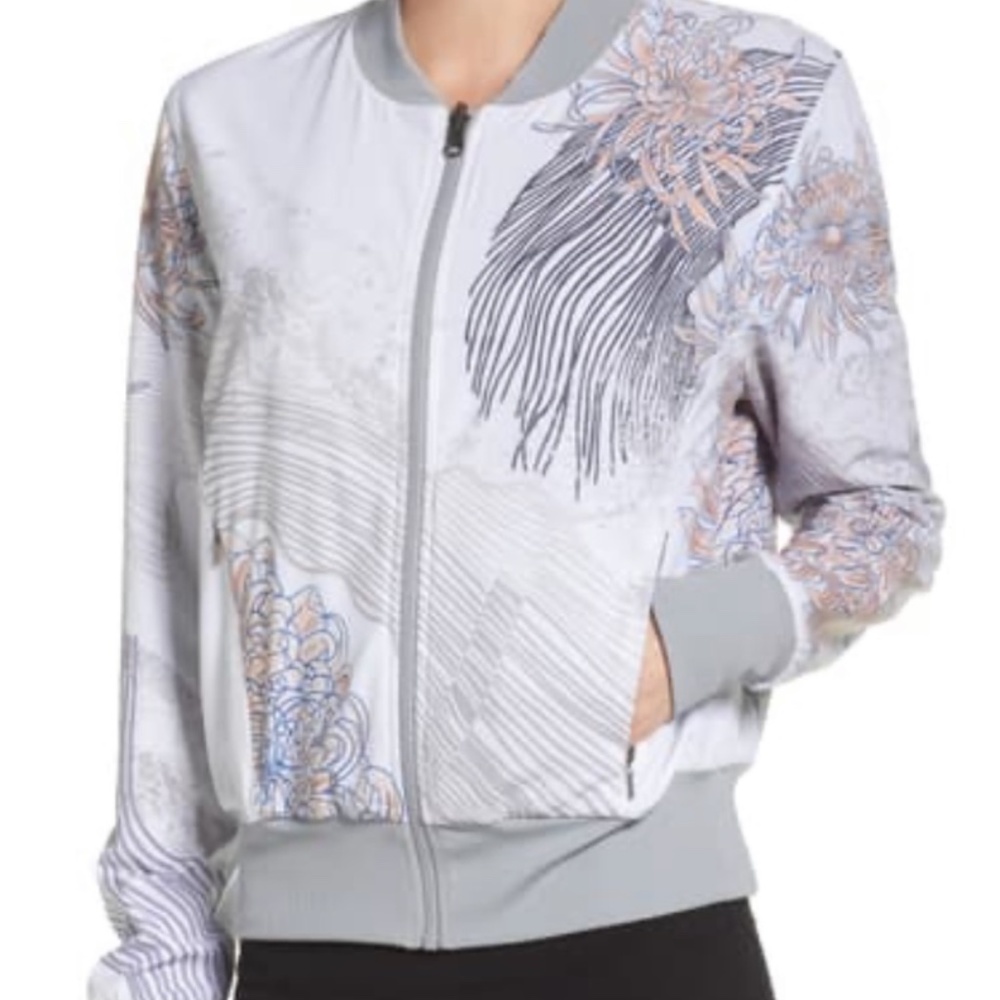 Zella Street to Studio Reversible Bomber Jacket Gray White Floral Print - Size S